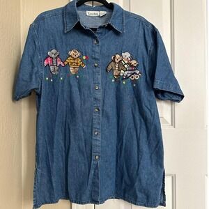 Vintage 90s Carol‎ Rose Embroidered Denim Shirt Teddy Bear Family Cottagecore XL